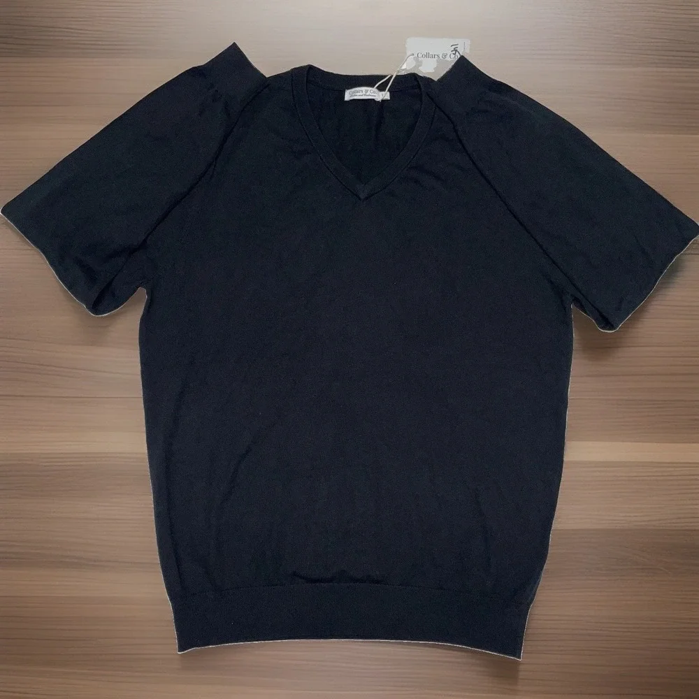 Collars and Co Luxury Touch Cotton Cashmere V-Neck Sweater Black Mens L NWT